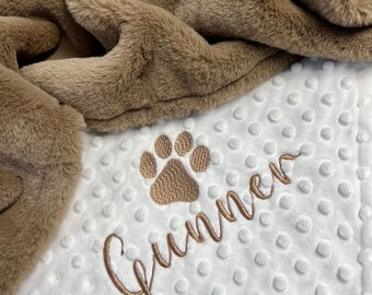 Seal Brown Truffle with minky dot Personalized Paw Print Blanket, Paw Print Dog Blanket, Puppy Blanket, Personalized Dog Blanket