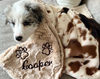 Personalized Paw Print Blanket, Brown Pony and You Choose Minky Dog Blanket, Brown Cow Print Puppy Blanket, Embroidered Pet Blanket
