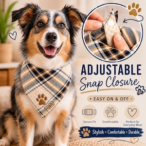Personalized Dog Bandana, Custom Pet Bandana, Embroidered Dog Gift, Plaid Neutral Check Bandana image 4