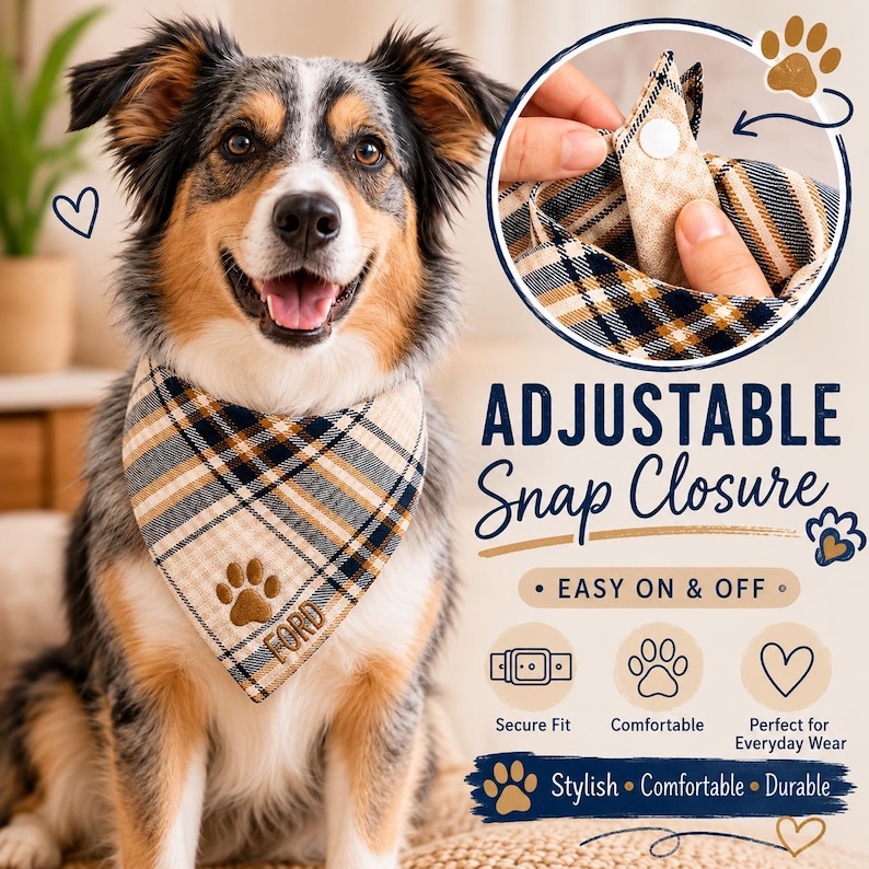 Personalized Dog Bandana, Custom Pet Bandana, Embroidered Dog Gift, Plaid Neutral Check Bandana image 4