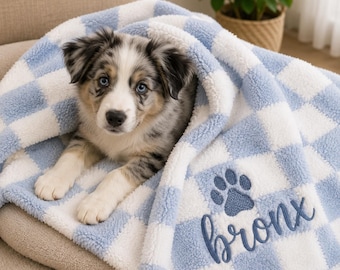 Personalized Dog Blanket | Custom Pet Name Blanket | Embroidered Puppy Throw | Soft Checkered Fleece Dog Blanket | Dog Bed Blanket Pet Gift
