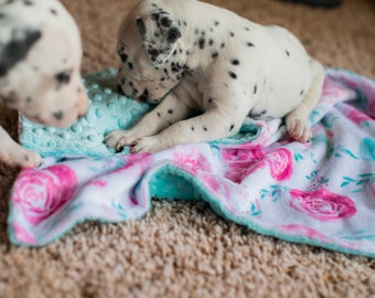 Personalized Paw Print Blanket, Rosie Blush Rose Print Dog Blanket, Puppy Blanket, Personalized Dog Blanket, Christmas Gift for Pup