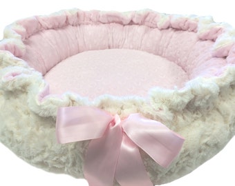 Round Minky Dog Bed Baby Pink and Ivory