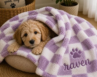 Personalized Dog Blanket | Custom Pet Name Blanket | Embroidered Puppy Throw | Soft Checkered Fleece Dog Blanket | Dog Bed Blanket Pet Gift