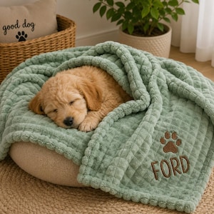 Personalized Sage Dog Blanket, Custom Pet Blanket, Embroidered Puppy Blanket, Soft Plush Dog Throw, Cat Blanket, Pet Gift, Cozy Dog  Blanket