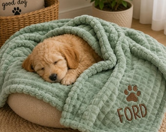 Personalized Sage Dog Blanket, Custom Pet Blanket, Embroidered Puppy Blanket, Soft Plush Dog Throw, Cat Blanket, Pet Gift, Cozy Dog  Blanket