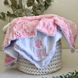 Blush Embossed Paw with Minky Back Personalized Paw Print Blanket, Paw Print Dog Blanket, Puppy Blanket, Personalized Dog Blanket, Pink Dog