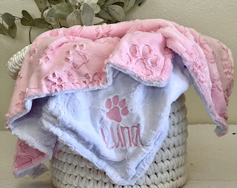 Blush Embossed Paw with Minky Back Personalized Paw Print Blanket, Paw Print Dog Blanket, Puppy Blanket, Personalized Dog Blanket, Pink Dog