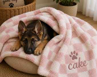 Personalized Dog Blanket | Custom Pet Name Blanket | Embroidered Puppy Throw | Soft Checkered Fleece Dog Blanket | Dog Bed Blanket Pet Gift