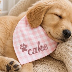 Personalized Dog Bandana, Custom Pet Bandana, Embroidered Dog Gift, Pink Check Gingham Check Dog Bandana