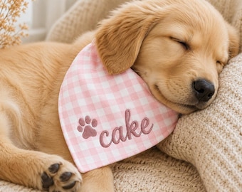 Personalized Dog Bandana, Custom Pet Bandana, Embroidered Dog Gift, Pink Check Gingham Check Dog Bandana