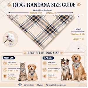 Personalized Dog Bandana, Custom Pet Bandana, Embroidered Dog Gift, Plaid Neutral Check Bandana image 3