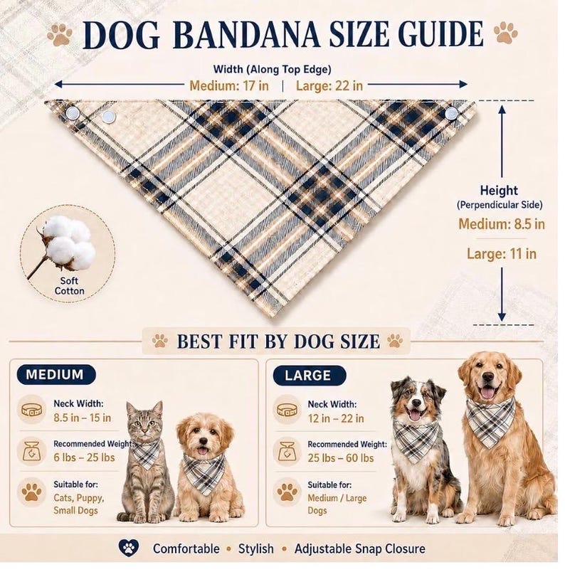 Personalized Dog Bandana, Custom Pet Bandana, Embroidered Dog Gift, Plaid Neutral Check Bandana image 3