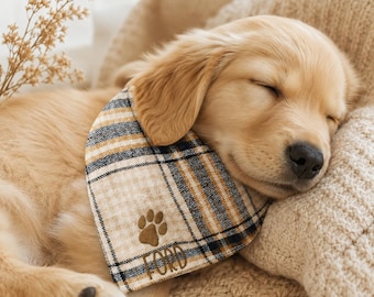 Personalized Dog Bandana, Custom Pet Bandana, Embroidered Dog Gift, Plaid Neutral Check Bandana