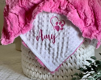 Hot Pink Glacier with minky dot Personalized Paw Print Blanket, Paw Print Dog Blanket, Puppy Blanket, Personalized Dog Blanket, Pink Dog