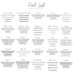 May include: A black and white font list displaying twenty-five distinct typeface options. Each entry features the name of the font followed by the uppercase and lowercase alphabet. The text is organized in a grid format on a white background.