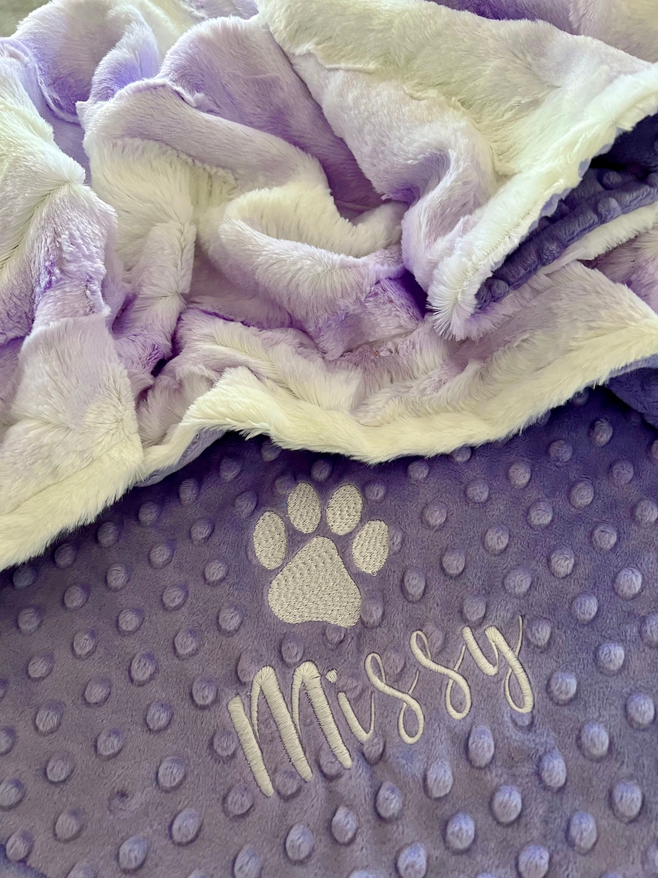 Personalized Lavender Angora Dog Blanket, Pink & White Dog Paw Puppy Cat Blanket