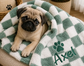 Personalized Dog Blanket | Custom Pet Name Blanket | Embroidered Puppy Throw | Soft Checkered Fleece Dog Blanket | Dog Bed Blanket Pet Gift