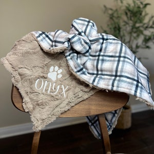 Gray Plaid with Minky Personalized Paw Print Blanket, Paw Print Dog Blanket, Puppy Blanket, Personalized Pet Blanket