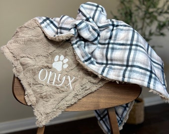 Gray Plaid with Minky Personalized Paw Print Blanket, Paw Print Dog Blanket, Puppy Blanket, Personalized Pet Blanket
