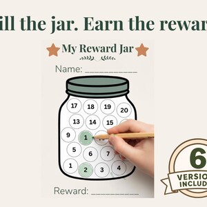 Könnte beinhalten: Eine Belohnungstabelle mit einer Glasillustration und nummerierten Kreisen von 1 bis 20. Der Text lautet Fill the jar. Earn the reward, My Reward Jar, Name und Reward. Ein Holzstift färbt die Kreise mit den Nummern 1 und 2 aus.