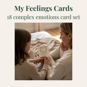 May include: A set of 18 My Feelings Cards featuring complex emotions. One square card displays a line drawing of an open window with a sun and the text Inspired: Something has lit a fire inside you, held by two individuals in neutral clothing.