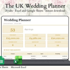May include: A laptop screen showing a wedding planner template titled "The UK Wedding Planner." The spreadsheet displays budget information, with figures in pounds sterling. Icons for Google Sheets and Microsoft Excel are at the bottom.