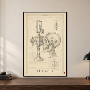 Póster con boceto anatómico de cráneo al estilo Da Vinci, arte mural de códice renacentista, descarga digital.