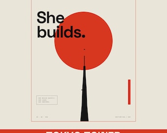 Tokyo Tower Print, Minimalist Japanese Architecture, Japandi Wall Art (Archival Giclée)
