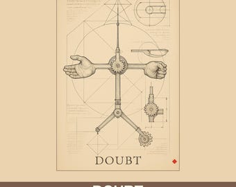 Lámina con la imagen de la duda al estilo Da Vinci, lámina decorativa con la balanza del Códice Renacentista (descarga digital).