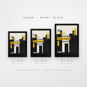 May include: Three framed art prints featuring a black and cream cityscape graphic with the text 'She writes the code that runs the world' in black and yellow. Sizes listed are 30.5 x 45.7 cm, 40.6 x 50.8 cm, and 45.7 x 61.0 cm on 200 GSM matte art paper.
