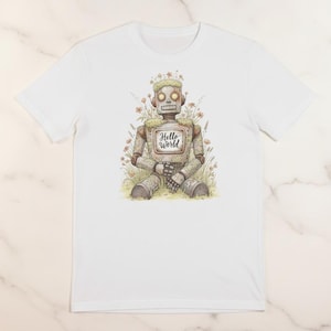 Watercolor Robot T-Shirt, Hello World Programmer Tee, Minimalist Coding Shirt