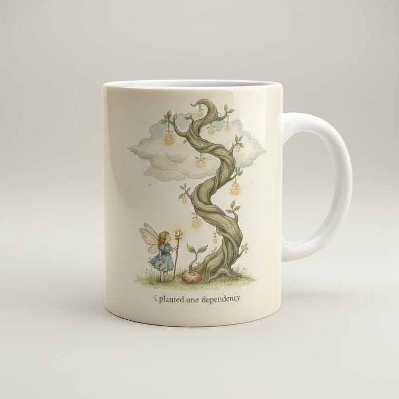 One Dependency Mug – JavaScript Fable — Watercolor Programmer Gift, view 2 of 8