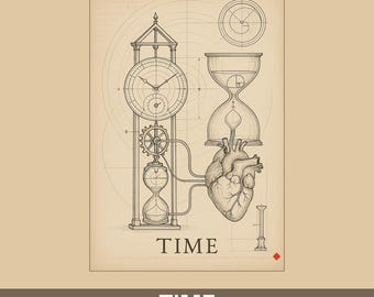 Lámina con diseño de la hora al estilo Da Vinci, códice de reloj de corazón renacentista (descarga digital)