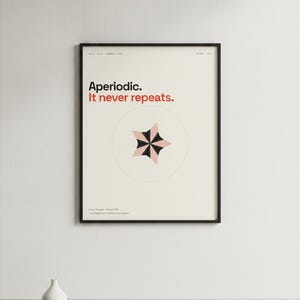 May include: A framed wall art print on an off-white background featuring the black text Aperiodic. and red text It never repeats. A central graphic shows a star shape with alternating black and light pink segments enclosed within a thin circle.
