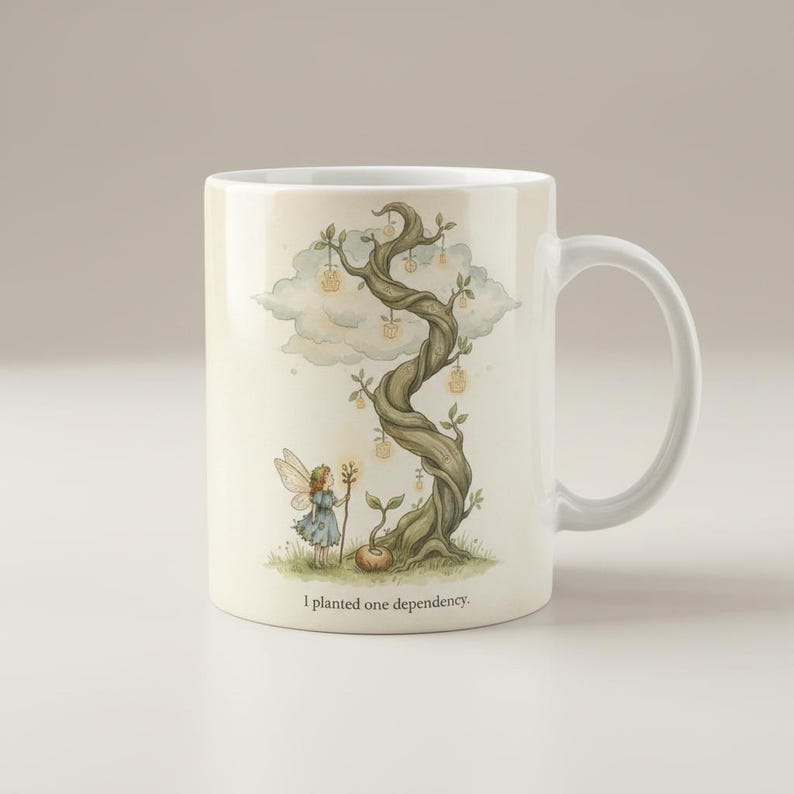 One Dependency Mug – JavaScript Fable — Watercolor Programmer Gift, view 1 of 8