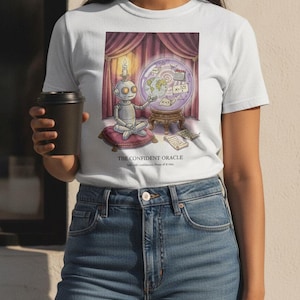 Puede incluir: Una camiseta blanca con una ilustración gráfica de un robot sentado sobre un cojín rojo, mirando una bola de cristal brillante que contiene ecuaciones matemáticas y un globo terráqueo. El texto THE CONFIDENT ORACLE aparece debajo.