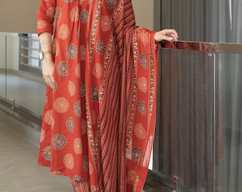 Katoenen A-lijn Kurta-broek met bloemenprint en katoenen print dupatta-set, Kameez Salwar voor dames