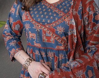 Rad Floral katoenen kurta met dupatta set, etnische salwar kameez pakken