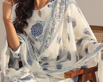Blue Floral Women Cotton Printed Kurta Pant Dupatta Suit Set,Party Wear Salwar Kameez