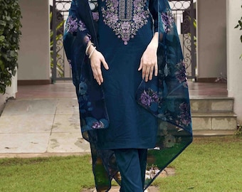 Geborduurde Kurta Palazzo Dupatta-set met bloemen | Feestkleding Salwar Kameez feestelijke outfit