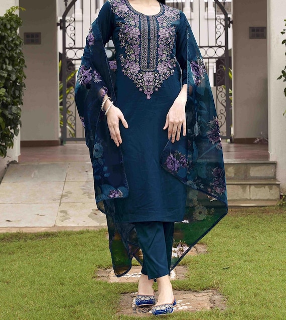 Floral Embroidered Kurta Palazzo Dupatta Set | Party Wear Salwar Kameez Festive Outfit