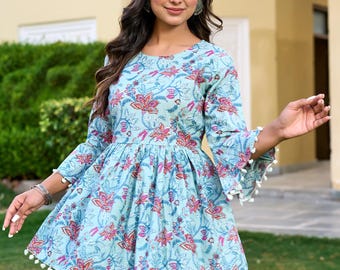 Boho katoenen tuniektop met bloemenprint | Indiase etnische korte kurta voor dames