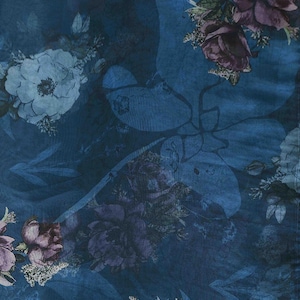 May include: A dark blue floral pattern featuring large, stylized flowers in shades of white, purple, and burgundy. The design includes large leaf shapes and a subtle, textured background, creating a layered, artistic effect.
