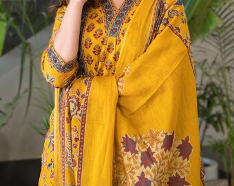 Gele Kurta Dupatta Set van katoen met handbedrukte bloemenprint voor dames, etnische Salwar Kameez