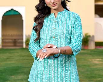 Hemelsblauwe blouses voor dames | Trendy korte kurti met tuniekmotief