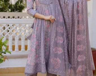 Lavendel katoenen anarkali-pak voor dames, Indiase Pakistaanse etnische feestkleding