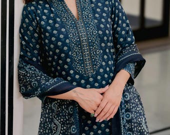 Katoenen Kurta-set met blauwe bloemenprint | Indiase Salwar Kameez-feestkleding