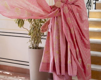Roze bloemenkatoen anarkali kurta set met dupatta, feestelijk feestkostuum