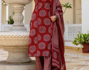 Rad bloemen katoenen Kurti-broek met handblokprint Dupatta-pakken voor dames, feestkleding